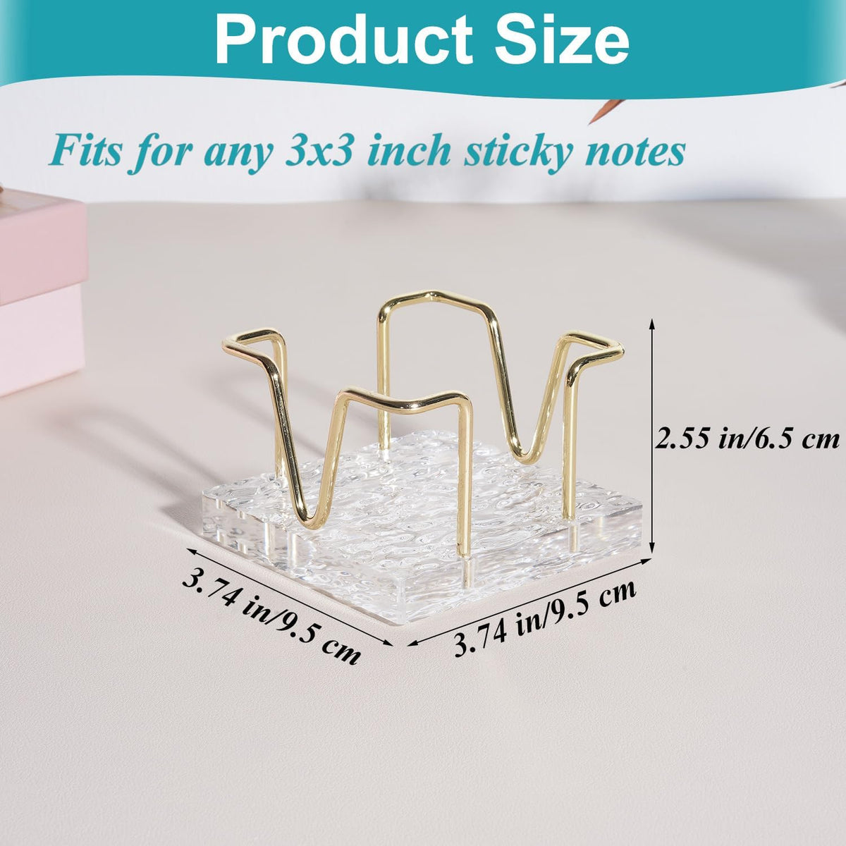 Acrylic Sticky Note Holder, 3 x 3 inch Self-Stick Note Memo Pad Holder for Desk, Notepad Dispenser Organizer for School Office Home, Gold