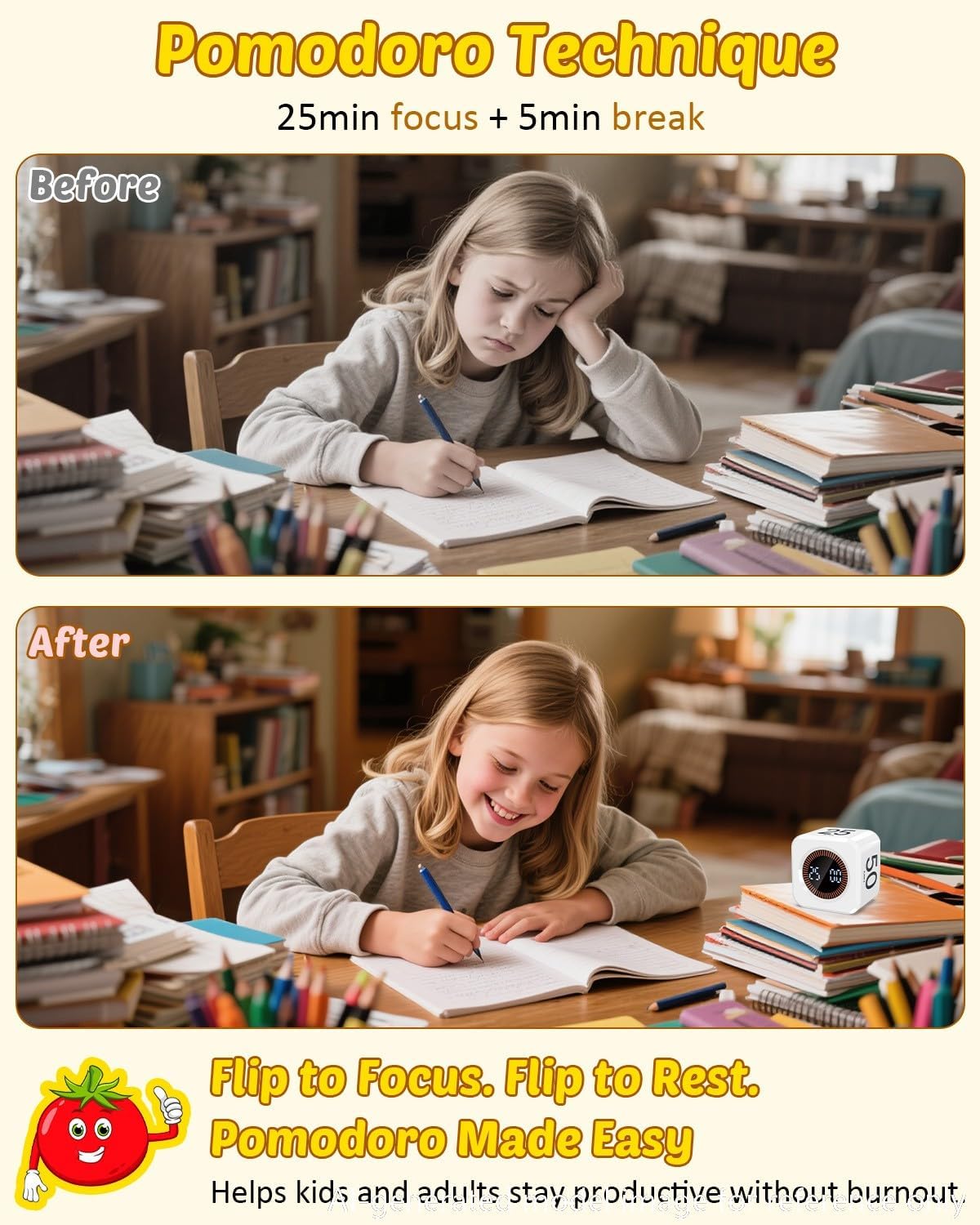 Digital Pomodoro Timer Cube 5/10/25/50min, Visual Productivity Flip Timer for Kids Classroom Desk, Custom Countdown, Silent and Sound Mode for ADHD Study Work Game Kitchen (Purple)