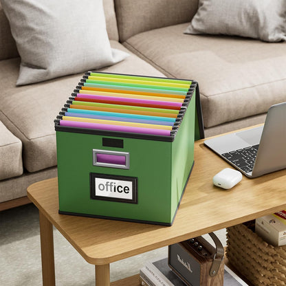 Upgraded Portable File Organizer Box with Lid, Collapsible Linen Hanging Filing Storage Boxes with Plastic Slides, Decorative Home/Office Filing System Box for File and Folders Storage (Gray)