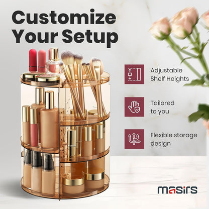 Masirs 360 Rotating Makeup Organizer Countertop - Adjustable Shelf Height - The Perfect Round Spinning Cosmetic Organizer for Bedroom Dresser or Vanity Countertop Storage (Clear)