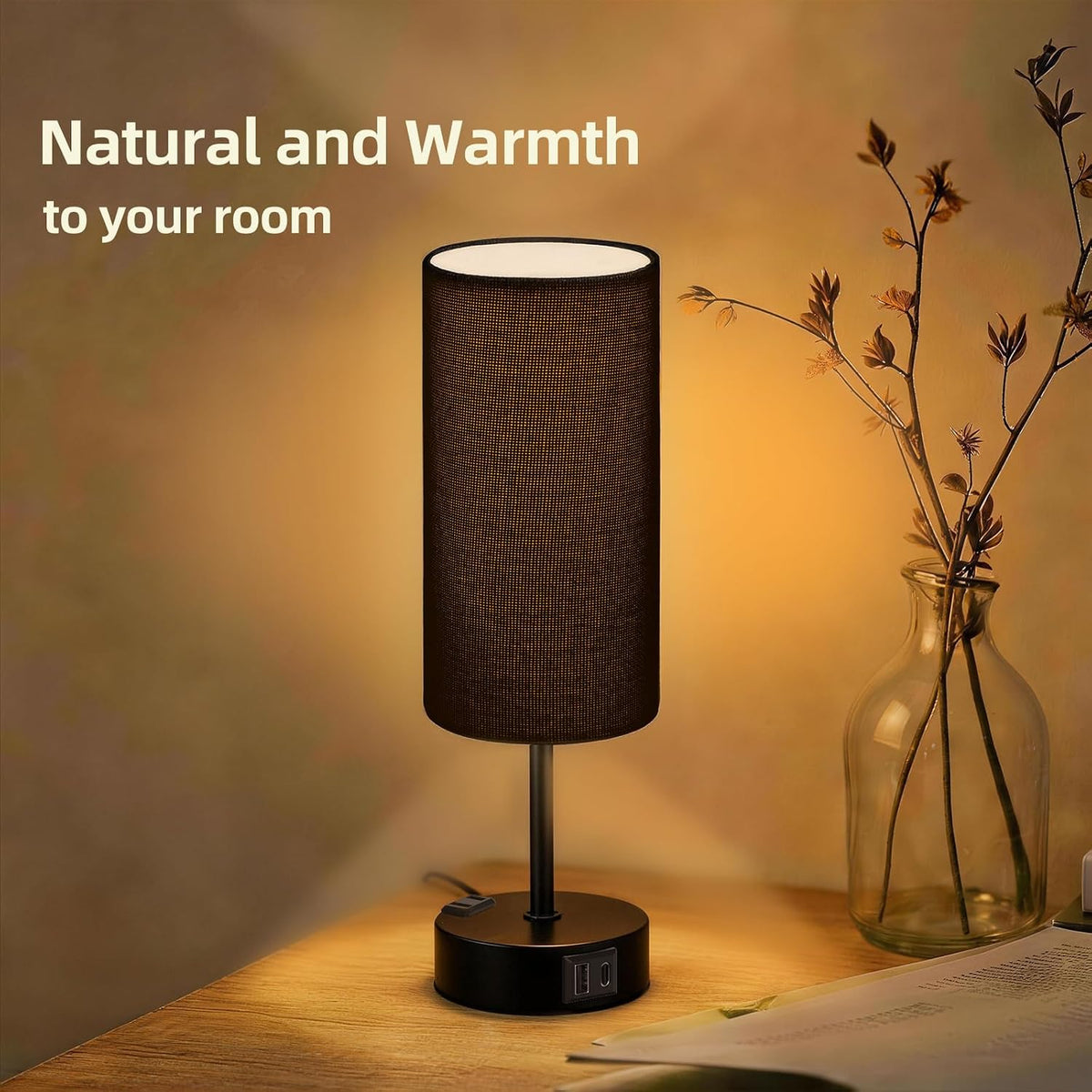 Table Lamp for Nightstand, High-Sensitivity Touch, 3-Level Dimmable Bedside Lamp with AC Outlet | USB | and USB-C, Ideal Night Stand Lamp for Bedroom, Reading, Living Room(Warm&Wooden)