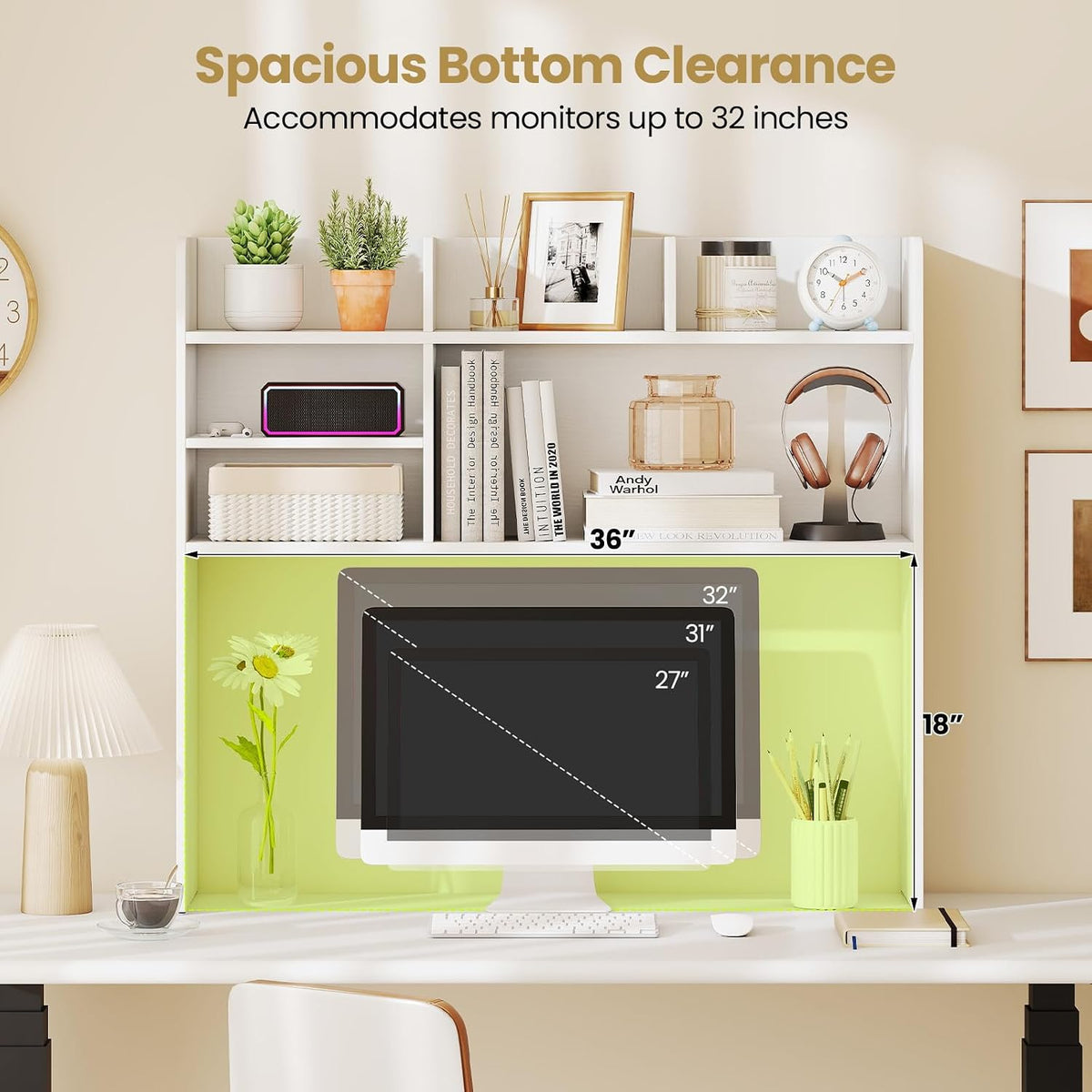 Desktop Bookshelf, Countertop Storage Hutch with 5 Shelves for Computer Desk, Desk 3-Tier Display Rack, Multipurpose Wood Desktop Hutch Storage Organizer for Dorm Office Home