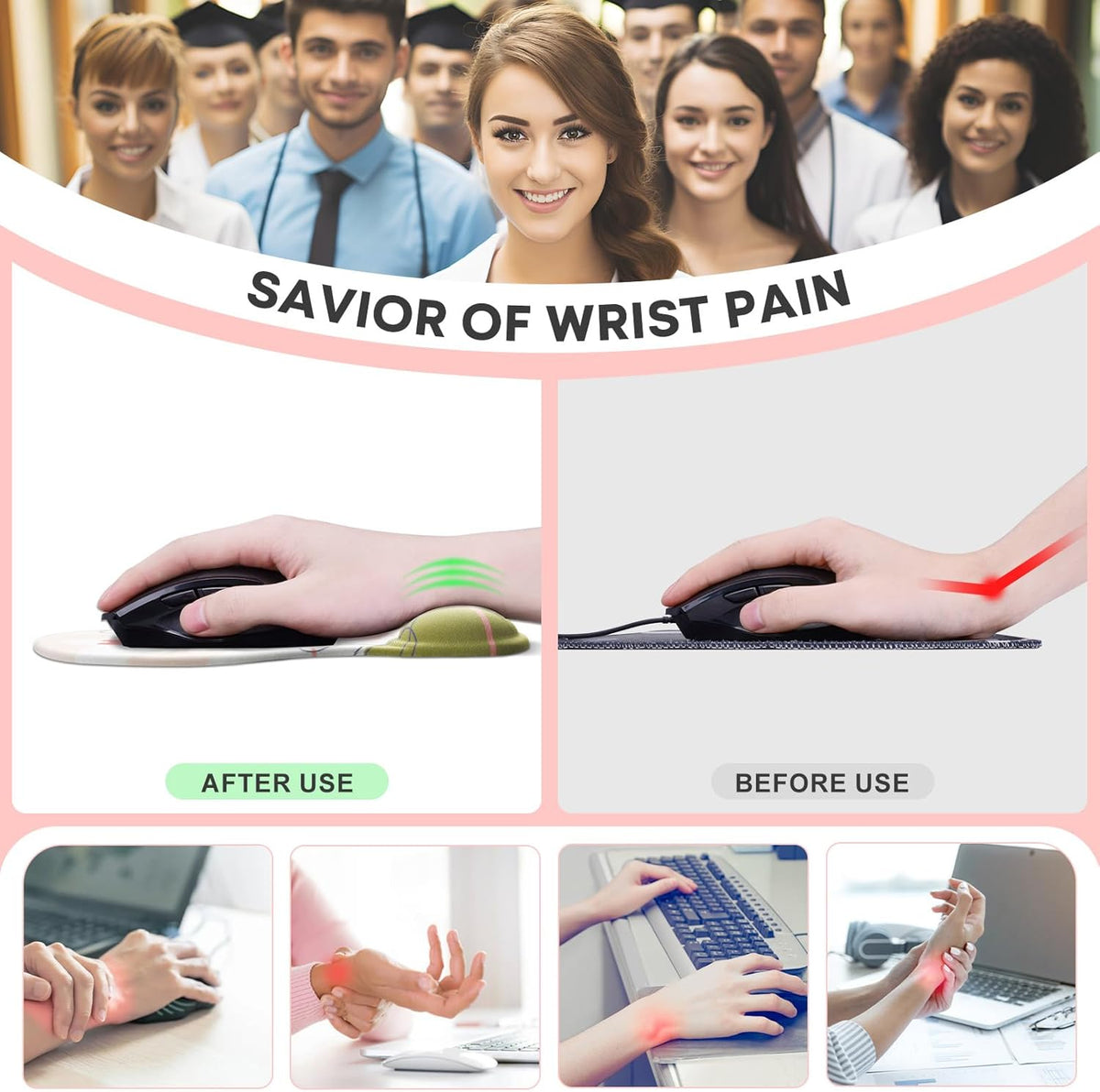 JIKIOU Mouse Pad, 2 Pack Ergonomic Mouse Pads with Comfortable Gel Wrist Rest Support and Smooth Cloth, Non-Slip PU Base for Easy Typing Pain Relief Durable and Easy to Clean Small Black