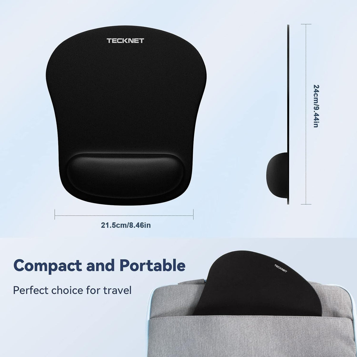 TECKNET Mouse Pad with Wrist Support, Ergonomic Gaming Mouse Pad Pain Relief, Portable Comfortable Mousepad for Computer, Laptop, Office, Home Non-Slip Base, Waterproof Surface - Black