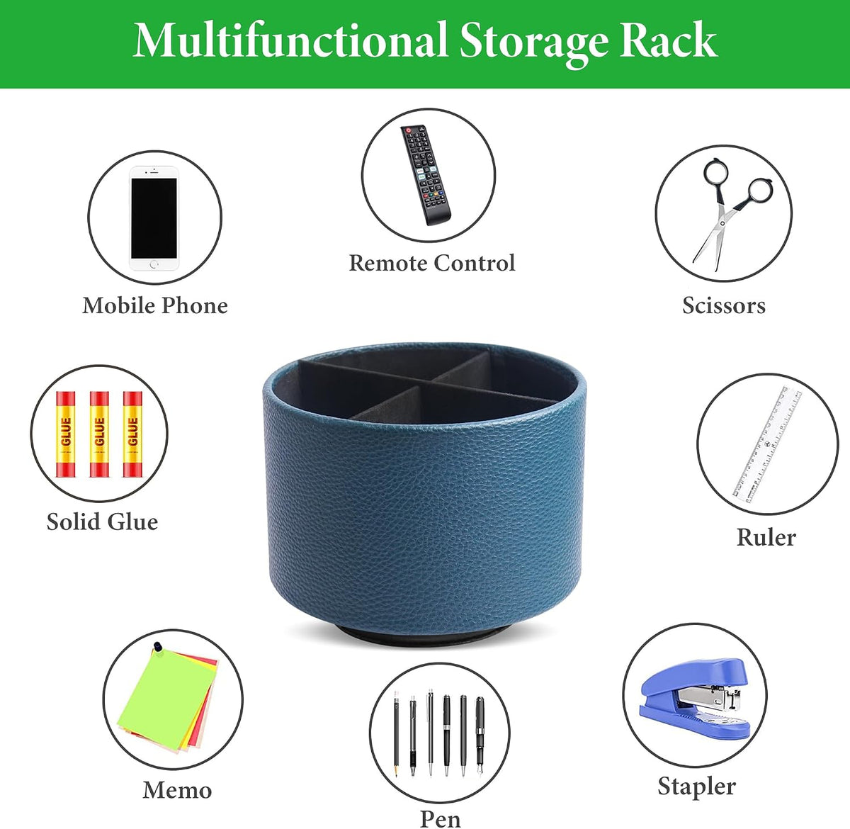 Round Leather Art Supply Organizer,Remote Control Holder,360 Degree Rotating,Multi-Functional Pencil Holder,4 Compartments Desktop Stationary Organizer(1-Blue Bird) - Colors B