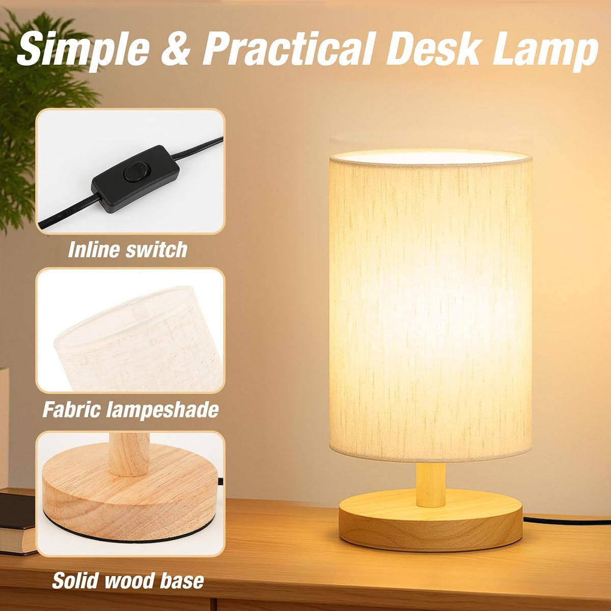 Desk Lamp LED Bulb Included, Small Bedside Table Lamp Plug-in - Classic Wood Base with Flaxen Fabric Shade, Lamps for Night Stands, Simple Nightstand Light for Bedroom, Office, Desk