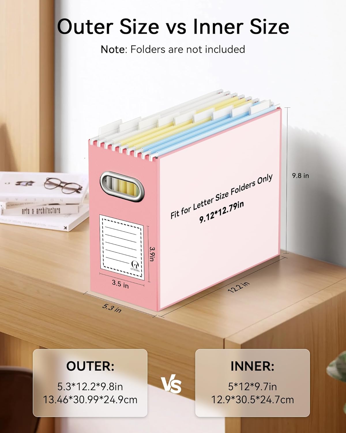Oterri File Organizer Box, Portable Collapsible Cardboard File Folder Organizer with Handle for Letter Size Hanging Files, Document Storage Box for Home Office & Classroom (Pink)