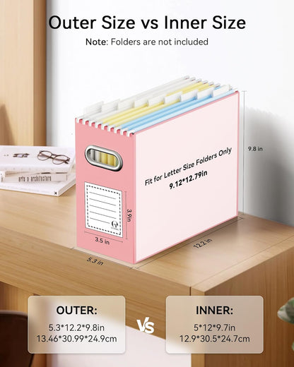 Oterri File Organizer Box, Portable Collapsible Cardboard File Folder Organizer with Handle for Letter Size Hanging Files, Document Storage Box for Home Office & Classroom (Pink)
