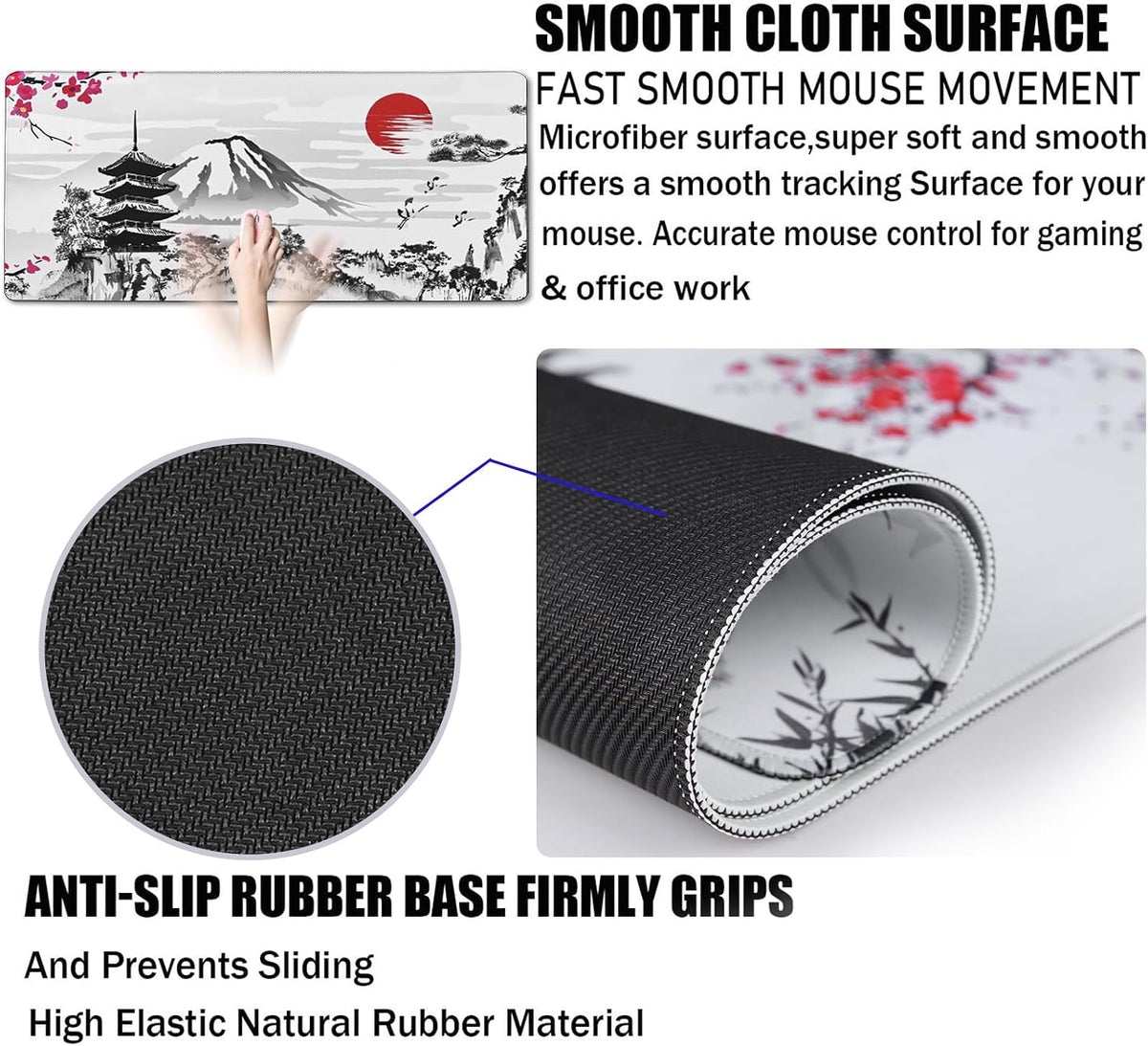 31.5" x 15.7" Waterproof Fabric Desk Pad, Rubber Anti-Slip Base, Stitched Edges No Curling, Fits Laptop Keyboard and Mouse, Smooth Office Mat Large Mouse Pad for Work Game, Black
