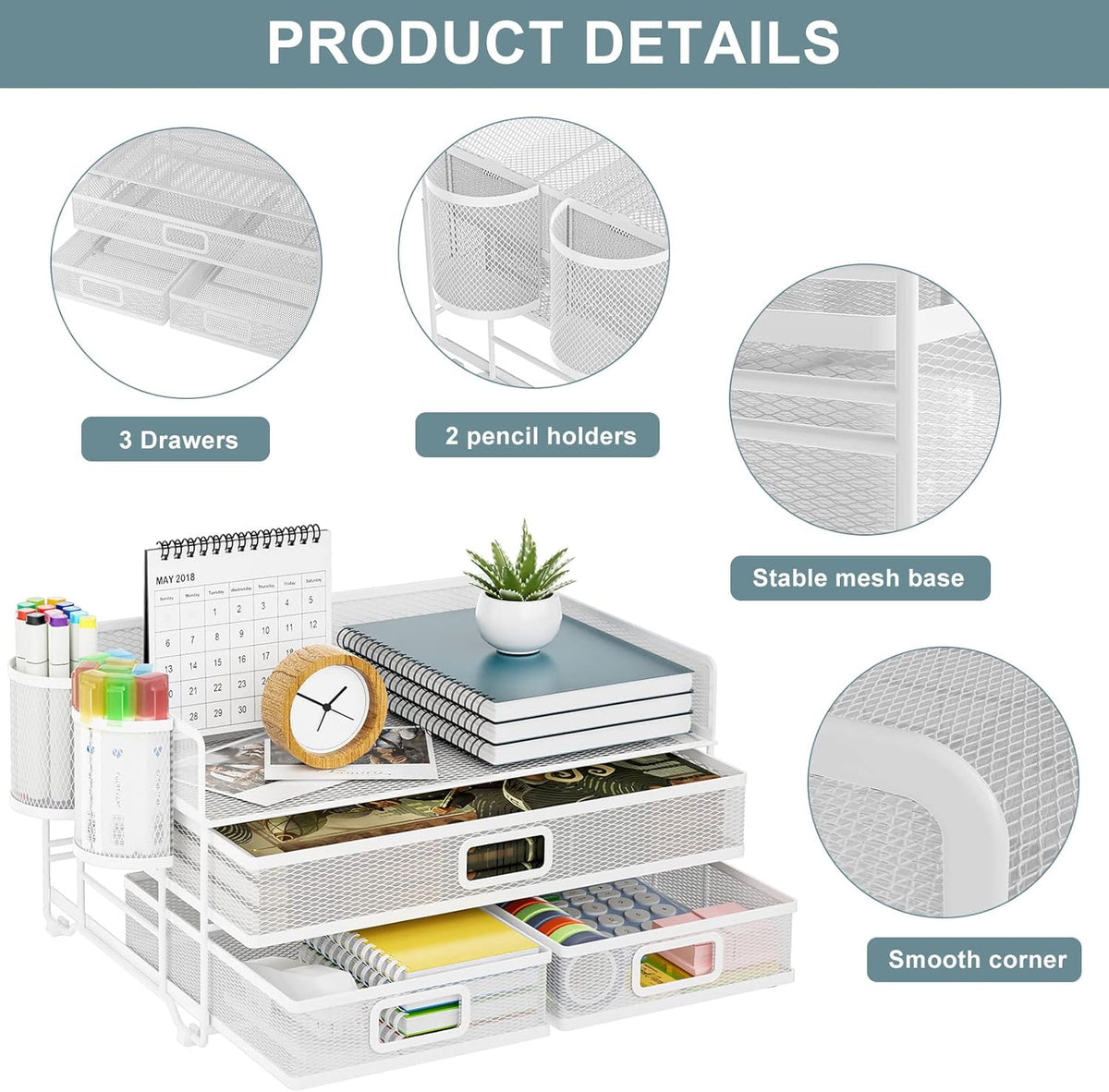 Marbrasse 3 Tier Mesh Desk Organizer with Drawer, Multi-Functional Desk Organizers and Accessories, Paper Letter Organizer with 2 Pen Holder for Home Office Supplies (Black)
