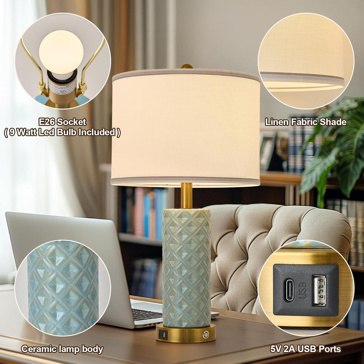Small Bedside Table Lamp for Bedroom - Reading Desk Lamp with 3 Color Temperatures，15.5" Nightstand Ceramic Lamp with Fabric Shade for Kids Room,Living Room,Dorm,Home Office (Green)
