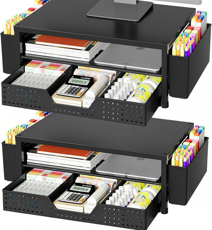 Desk Organizers and Accessories, Computer Monitor Stand Riser with Drawer and 2 Pen Holders, Printer & Laptop Stand, Office Desk Accessories & Workspace Organizers for Home Office Supplies, Black
