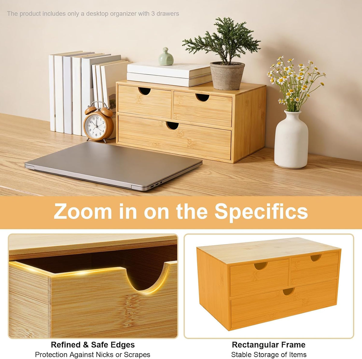 Desk Organizer, Office Vanity Bamboo Desk Organizer, Mini Bamboo Desk Drawer Tabletop Storage Box with 2 Drawer Night Stand Table Organizer for Makeup Vanity Office Supplies (2 Drawer)