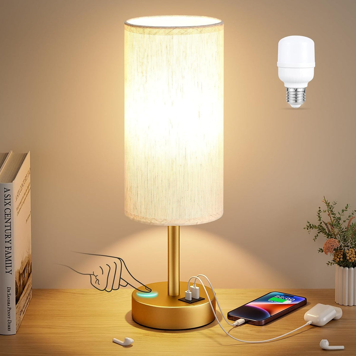 Dicoool Bedside Table Lamp for Bedroom - 3-Way Dimmable Touch Lamp, USB A+C