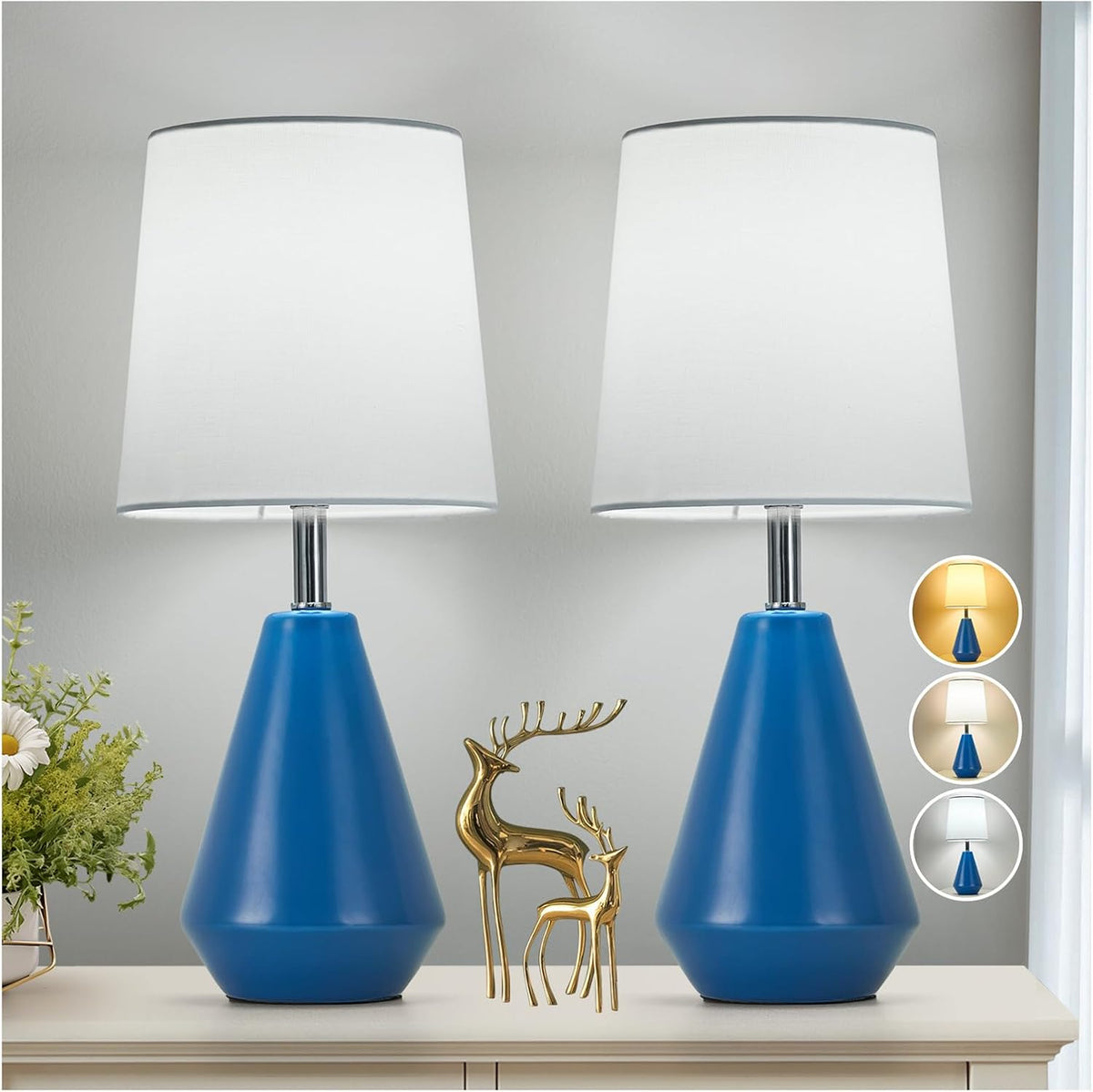 Small Bedside Table Lamp for Bedroom - Reading Desk Lamp with 3 Color Temperatures，15.5" Nightstand Ceramic Lamp with Fabric Shade for Kids Room,Living Room,Dorm,Home Office (Green)