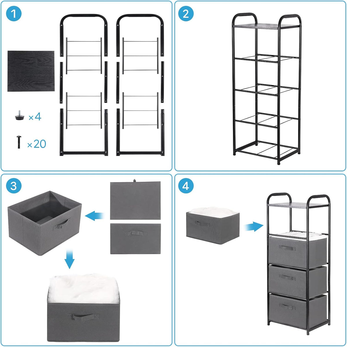 Dresser Storage with 3 Drawers, Fabric Dresser Tower, Vertical Storage Unit for Bedroom, Closet, Office, Black