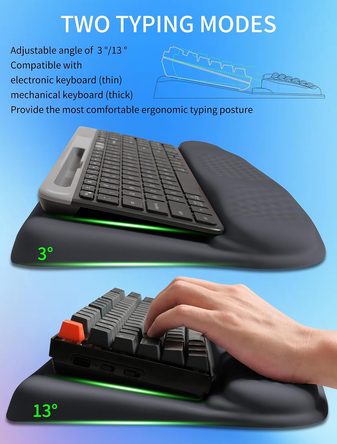 Ergonomic Wave Wrist Rest with Keyboard Stand, Cushioned Palm Rest, Comfortable Integrated Memory Foam for Natural Typing and Relieve Wrist Pain, Dark Night Black