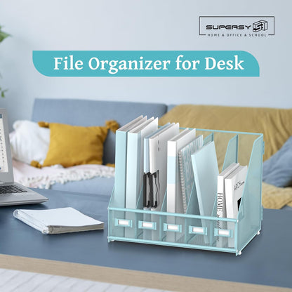 Desk Organizers Metal Desk Magazine File Holder with 5 Vertical Compartments Rack File Organizer for Office Desktop, Classroom, Home Workspace, Black