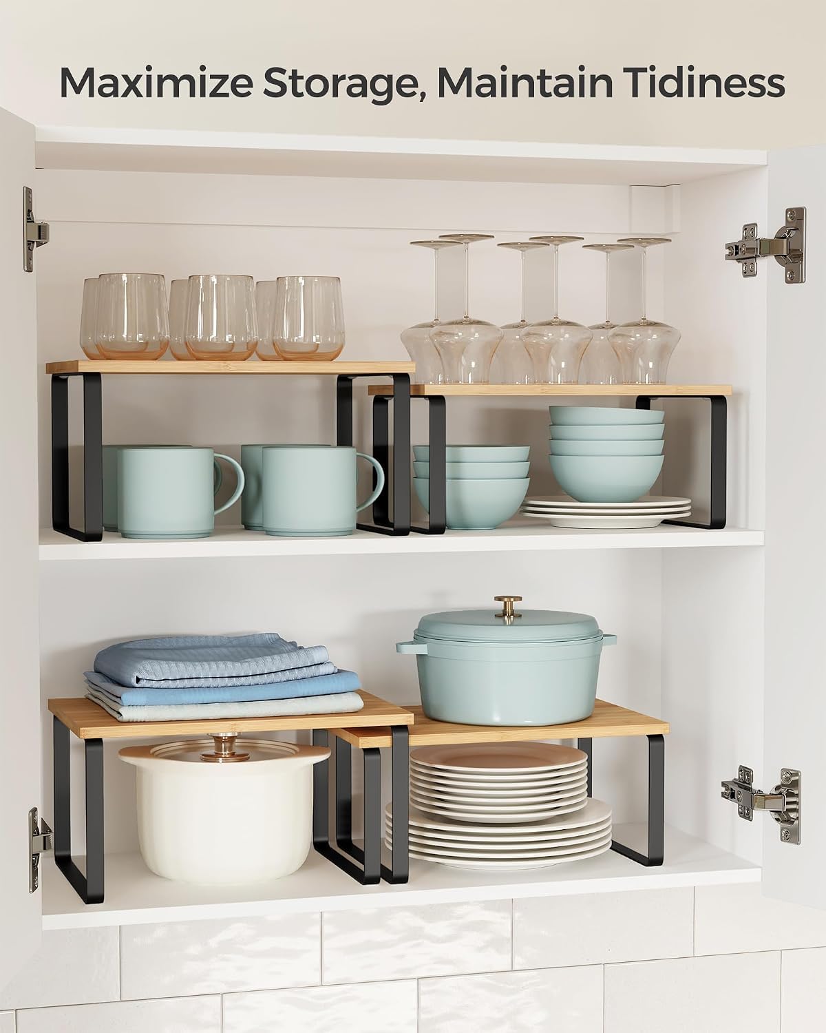 SONGMICS Cabinet Organizer Shelf, Set of 4 Kitchen Counter Shelves, Kitchen Storage, Spice Rack, Stackable, Expandable, Metal and Engineered Wood, Cloud White and Natural Beige UKCS010N01