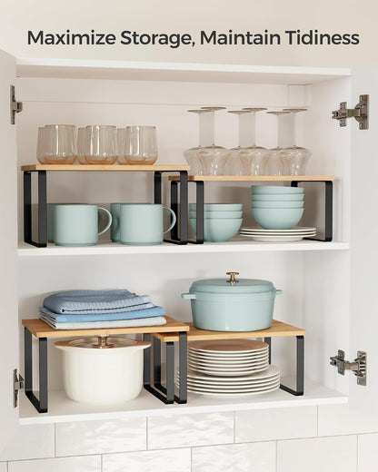 SONGMICS Cabinet Organizer Shelf, Set of 4 Kitchen Counter Shelves, Kitchen Storage, Spice Rack, Stackable, Expandable, Metal and Engineered Wood, Cloud White and Natural Beige UKCS010N01