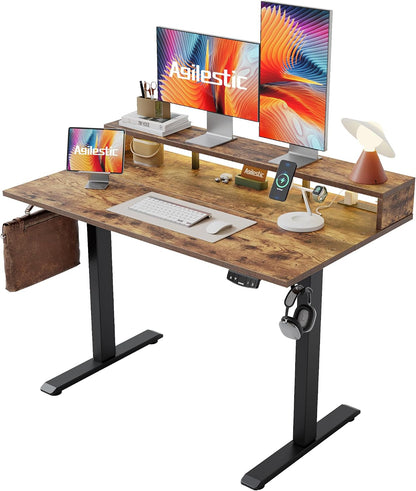 48 * 24 Inch Electric Standing Desk with Shelf & Led, Dark Walnut