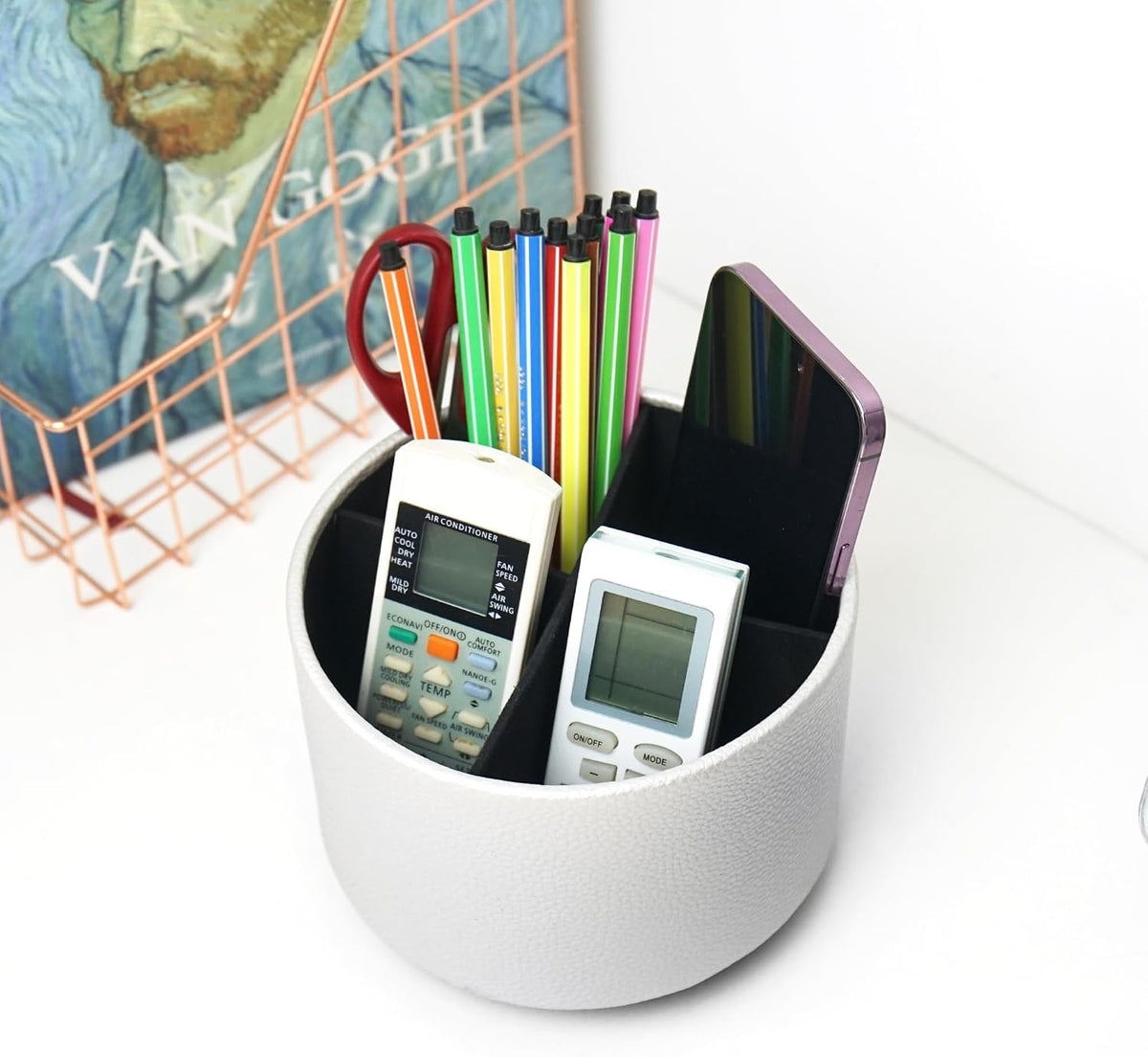 Round Leather Art Supply Organizer,Remote Control Holder,360 Degree Rotating,Multi-Functional Pencil Holder,4 Compartments Desktop Stationary Organizer(1-Blue Bird) - Colors A