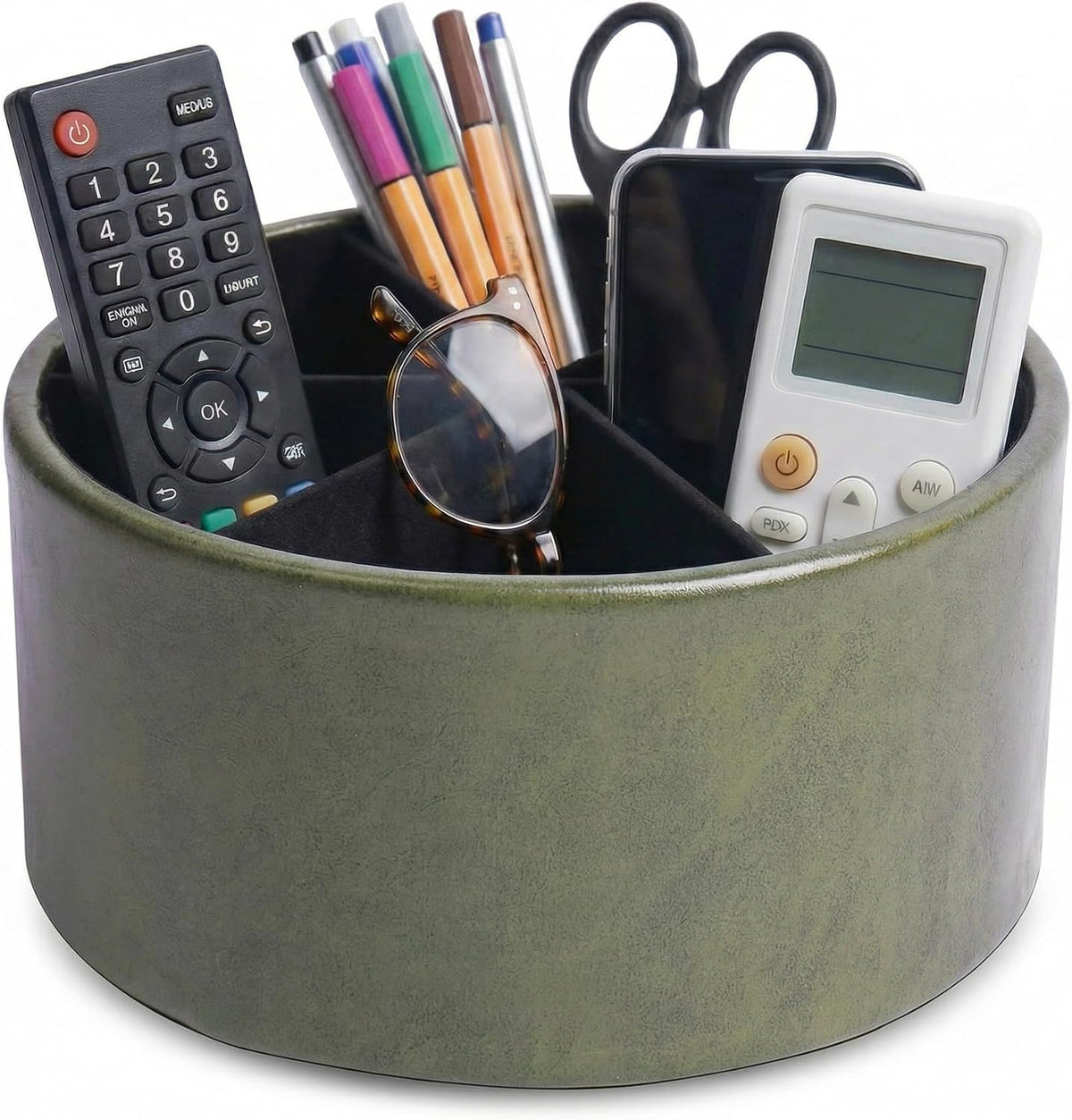 Round Leather Art Supply Organizer,Remote Control Holder,360 Degree Rotating,Multi-Functional Pencil Holder,4 Compartments Desktop Stationary Organizer(1-Blue Bird) - Colors C
