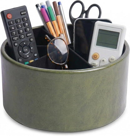 Round Leather Art Supply Organizer,Remote Control Holder,360 Degree Rotating,Multi-Functional Pencil Holder,4 Compartments Desktop Stationary Organizer(1-Blue Bird) - Colors C