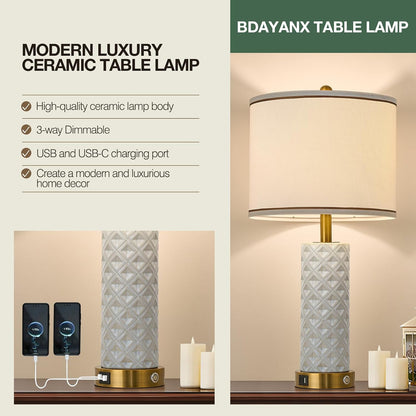 Small Bedside Table Lamp for Bedroom - Reading Desk Lamp with 3 Color Temperatures，15.5" Nightstand Ceramic Lamp with Fabric Shade for Kids Room,Living Room,Dorm,Home Office (Green)
