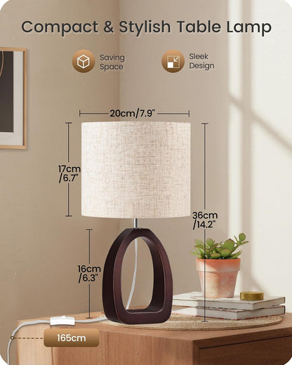 Small Table Lamp, 14.2" Cute Little Desk Lamp, Wood Bedside Lamp with Linen Lampshade, Modern Nightstand Lamp for Bedroom, E26 Base, Bulb Not Included, Beige and Dark Natural LE07TL05