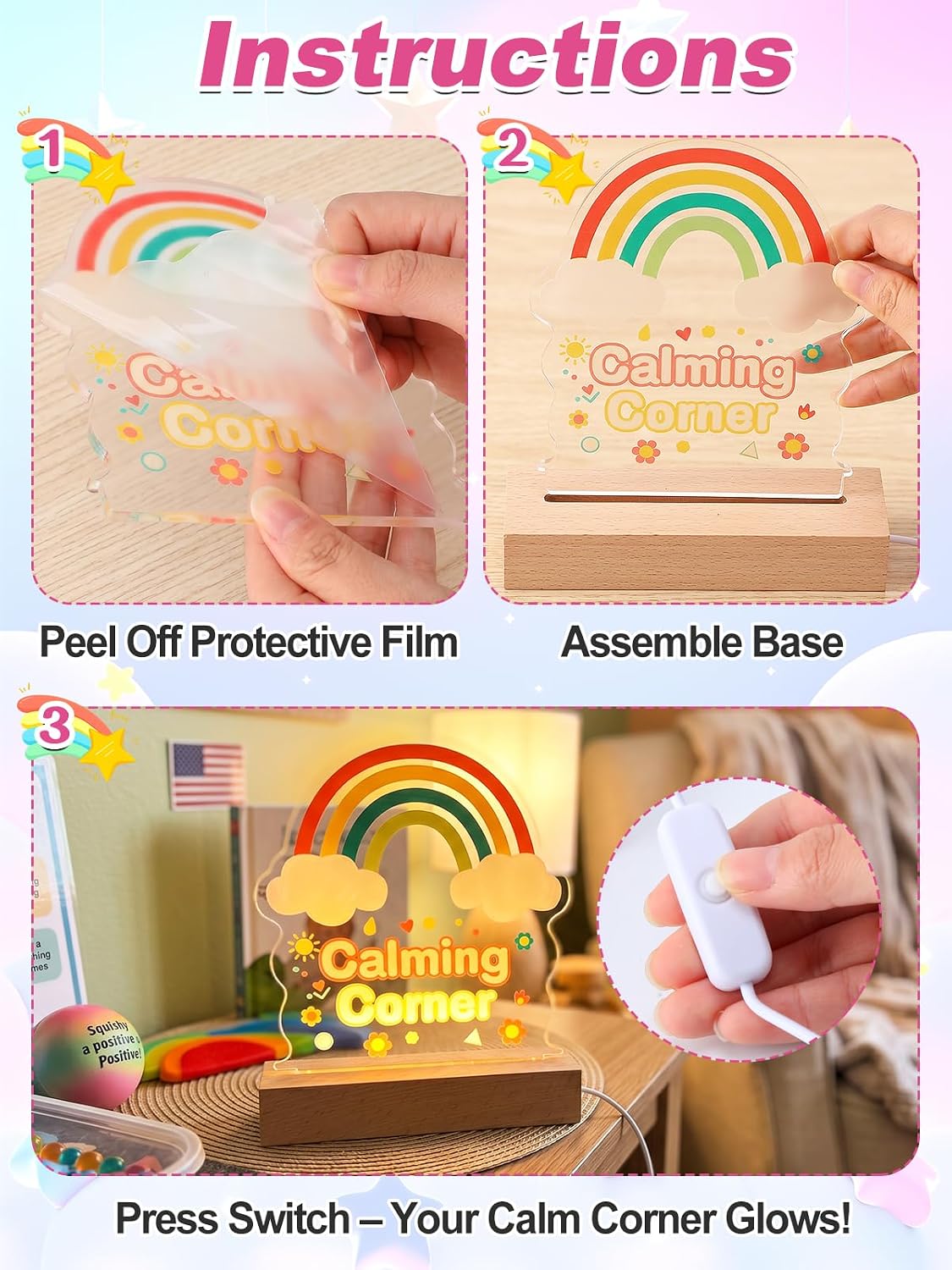 Rainbow Classroom Lamp for Calm Down Corner Supplies - Acrylic Desk Lamp Sign for Boho Classroom Decor Reading Corner Teacher Office, USB Powered