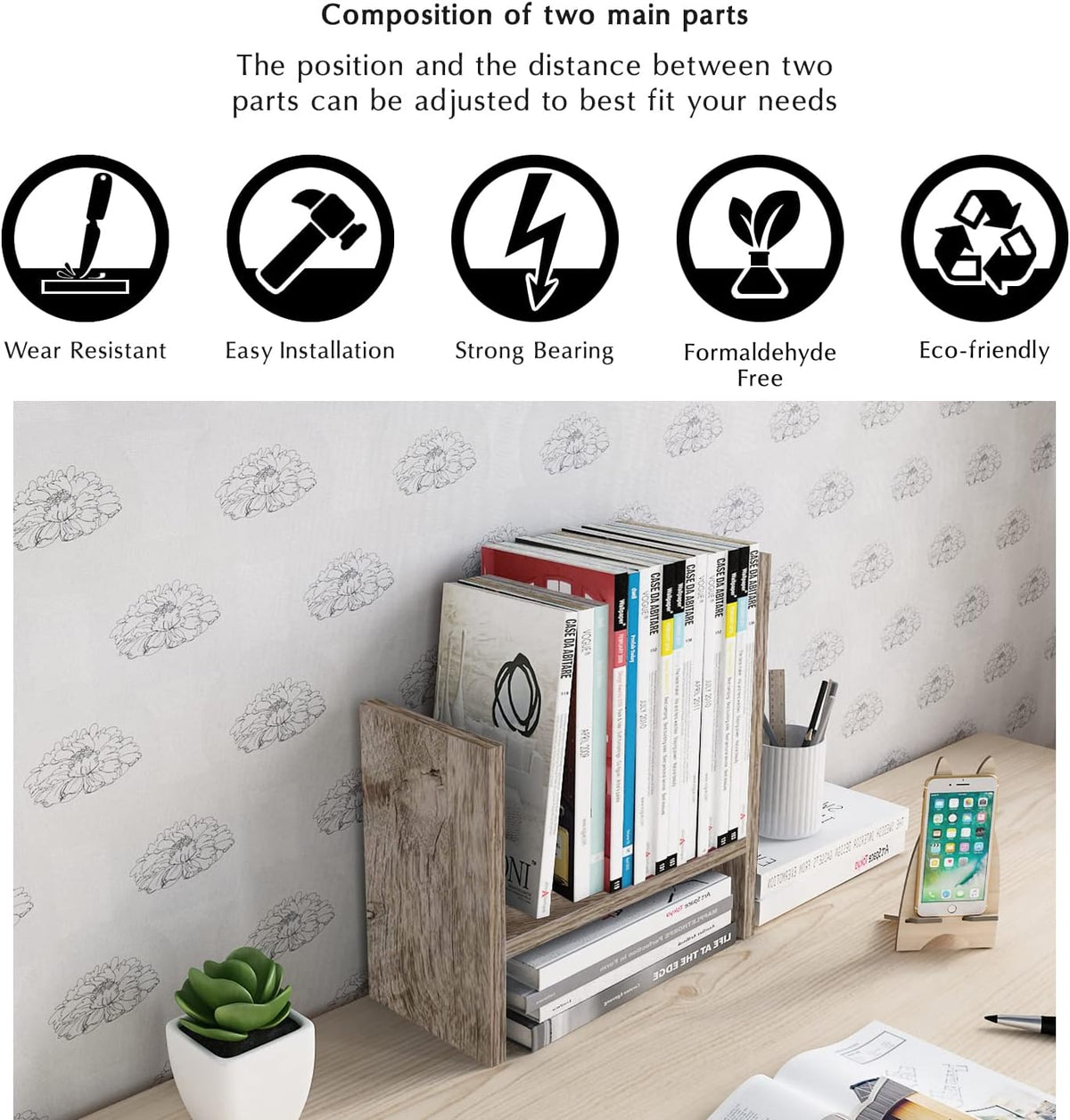 Jerry & Maggie Desktop Organizer Office Storage Rack Adjustable Wood Display Shelf Free Style Double H, Multi-Functional Mini Bookshelf for Desk Natural Stand (White)