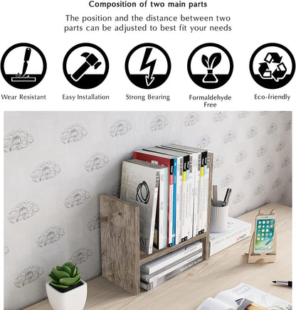 Jerry & Maggie Desktop Organizer Office Storage Rack Adjustable Wood Display Shelf Free Style Double H, Multi-Functional Mini Bookshelf for Desk Natural Stand (White)