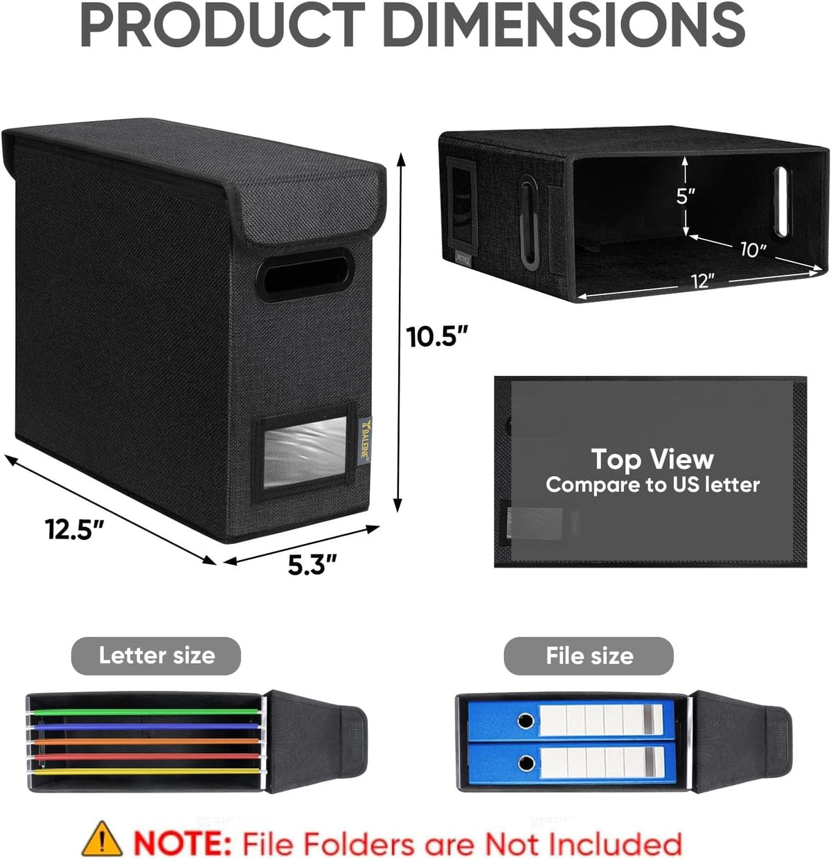 BALEINE File Organizer Box with Lid, Collapsible File Folder Organizer with Plastic Slide, Hanging File Folder Box for Office Document Storage (Black)
