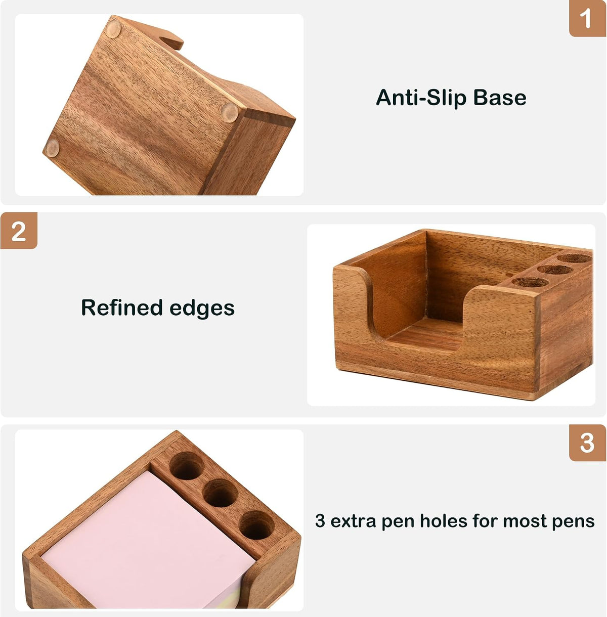 Acacia Wood Sticky Note Holder with 3 Pen Holders, 3x3 Post It Note Dispenser with Anti-Slip Pads, All-in-One Wooden Desk Organizer for Office Home School (4.0“x3.5"x2")