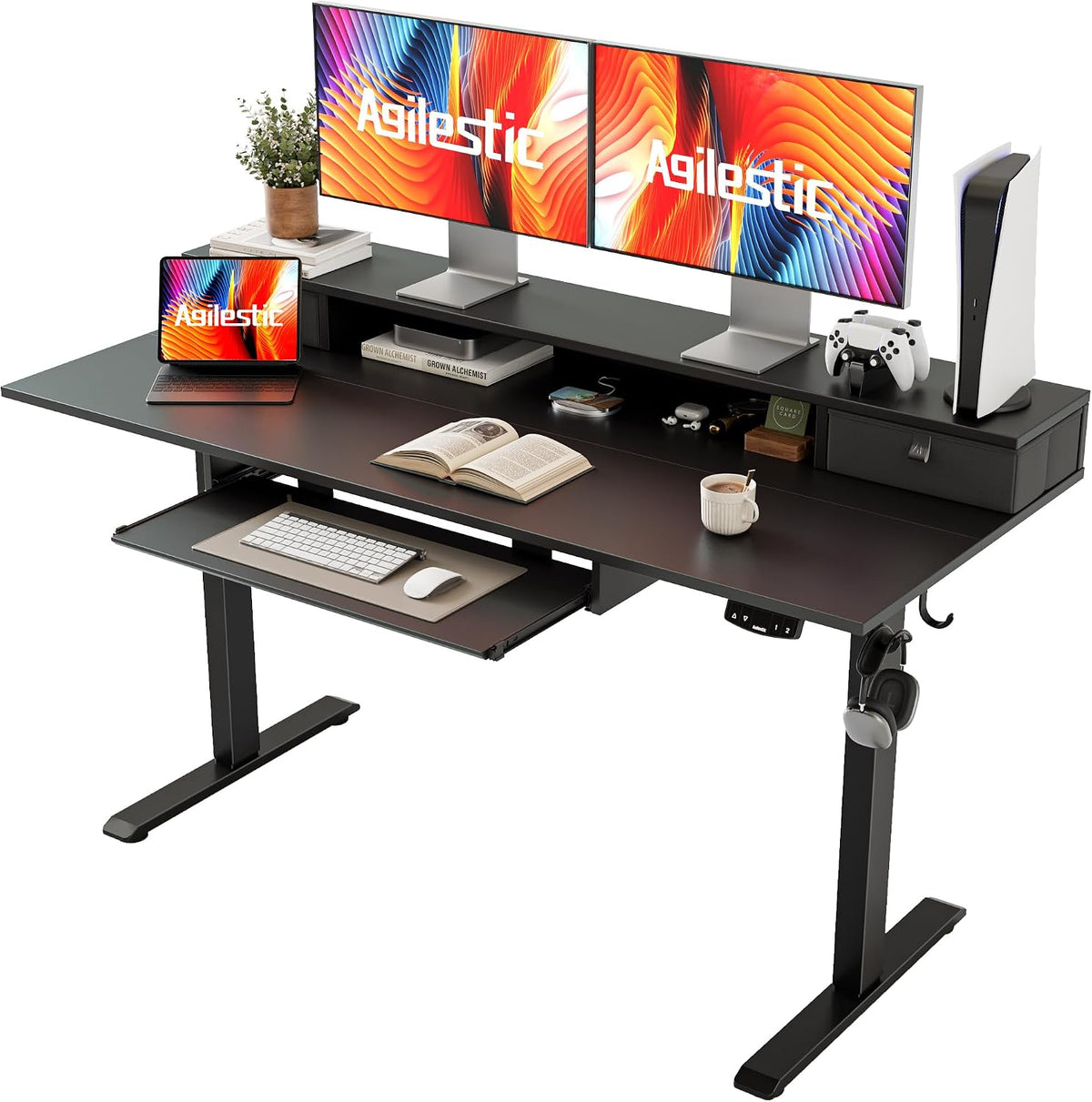 48 * 24 Inch Electric Standing Desk with Shelf & Led, Dark Walnut