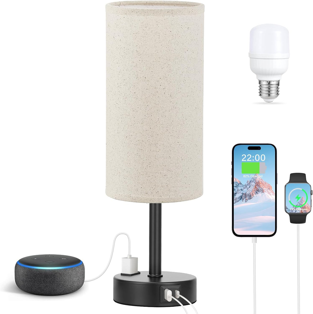 Fenmzee Bedside Table Lamp for Bedroom - Dimmable Touch, USB A+C, AC Outlet