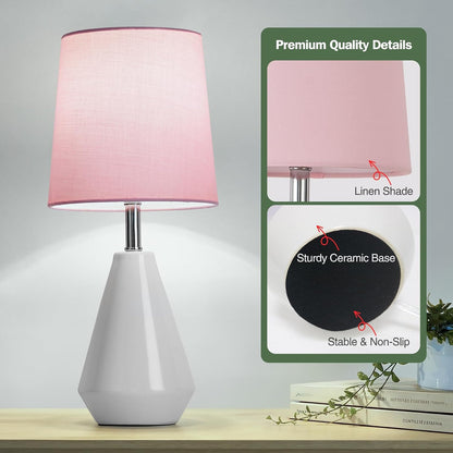 Small Bedside Table Lamp for Bedroom - Reading Desk Lamp with 3 Color Temperatures，15.5" Nightstand Ceramic Lamp with Fabric Shade for Kids Room,Living Room,Dorm,Home Office (Green)