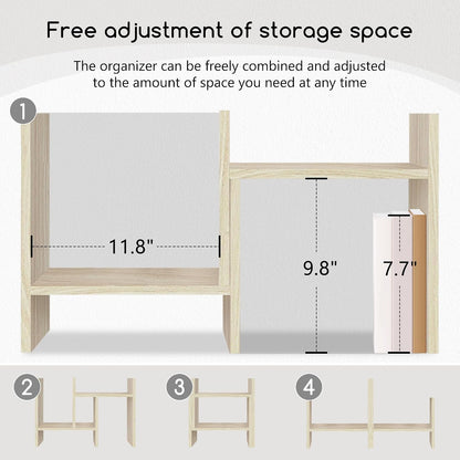 Jerry & Maggie Desktop Organizer Office Storage Rack Adjustable Wood Display Shelf Free Style Double H, Multi-Functional Mini Bookshelf for Desk Natural Stand (White)