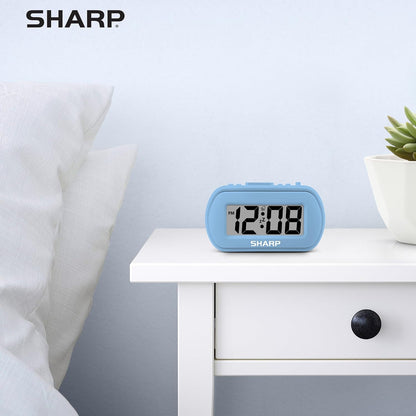 Sharp Digital Alarm Clock – Tactile Plastic Case with Soft Rubberized Finish - Battery Operated – Blue Backlight on Demand – Ascending Alarm – Easy to Use – Charcoal Black