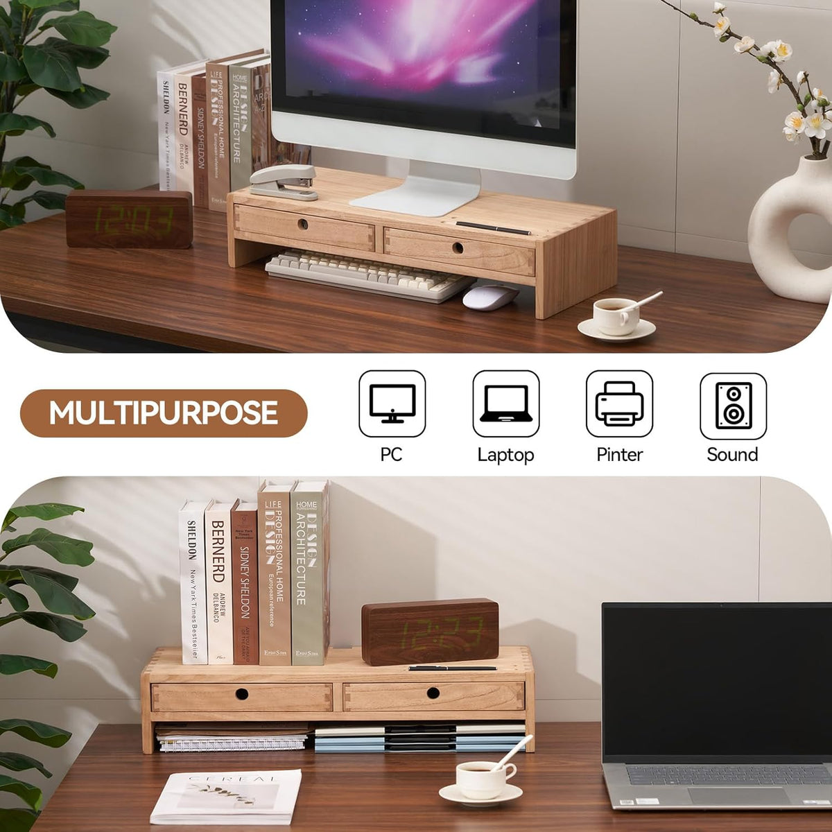 KIRIGEN Wood Monitor Stand with 2 Drawers, Solid Wood Computer Monitor Riser for Desk, Desktop Organizer Shelf with Cable Management, Pen Slots, Brown, No Assembly PMJ-DBR