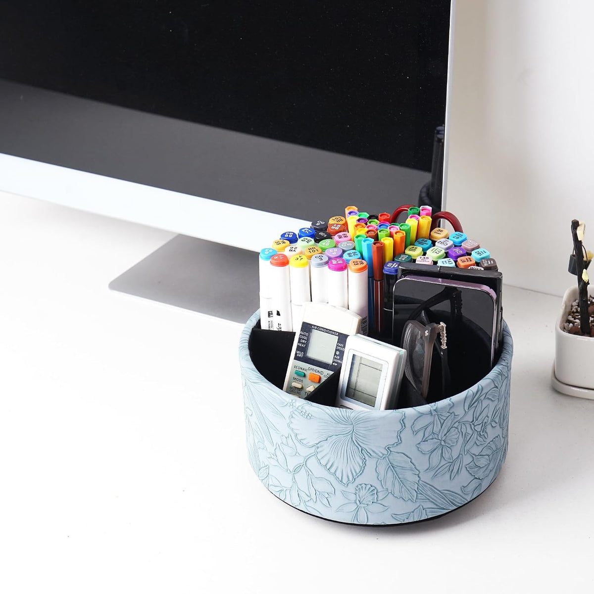 Round Leather Art Supply Organizer,Remote Control Holder,360 Degree Rotating,Multi-Functional Pencil Holder,4 Compartments Desktop Stationary Organizer(1-Blue Bird) - Colors B