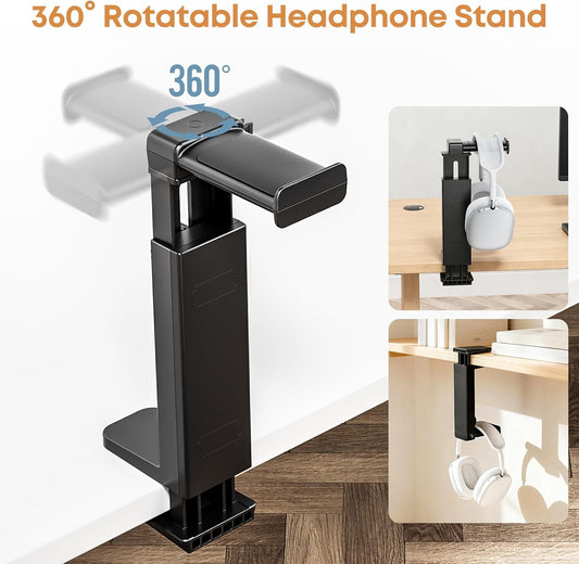 Headphone Stand & Hanger for Desk, 2 in 1 Above & Under Desk Gaming Headset Holder Mount with Height Adjustable & Rotating Clamp, Dual-sided Anti-slip Pad Earphone Rack with Cable Clip Headphone Cases