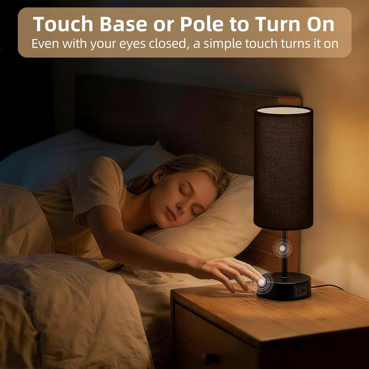 Table Lamp for Nightstand, High-Sensitivity Touch, 3-Level Dimmable Bedside Lamp with AC Outlet | USB | and USB-C, Ideal Night Stand Lamp for Bedroom, Reading, Living Room(Warm&Wooden)