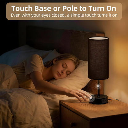 Table Lamp for Nightstand, High-Sensitivity Touch, 3-Level Dimmable Bedside Lamp with AC Outlet | USB | and USB-C, Ideal Night Stand Lamp for Bedroom, Reading, Living Room(Warm&Wooden)