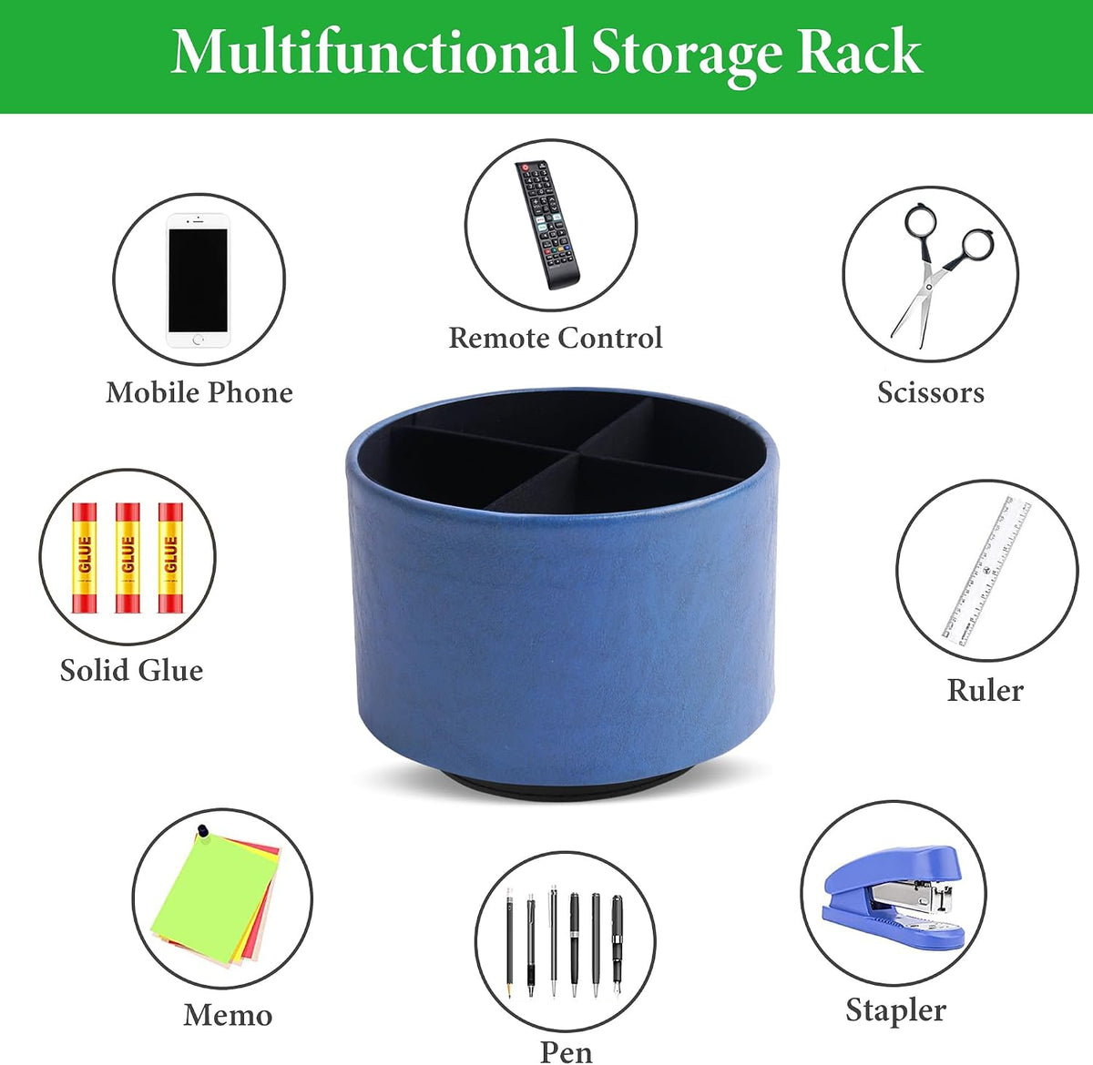 Round Leather Art Supply Organizer,Remote Control Holder,360 Degree Rotating,Multi-Functional Pencil Holder,4 Compartments Desktop Stationary Organizer(1-Blue Bird) - Colors C