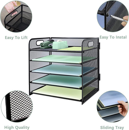 Paper Letter Tray with Handle, 3 Tier Metal Mesh Desk File Organizer, A4 Paper Desktop Filing Trays, Desk Tidy Magazine Document Holder for Home Office, Black
