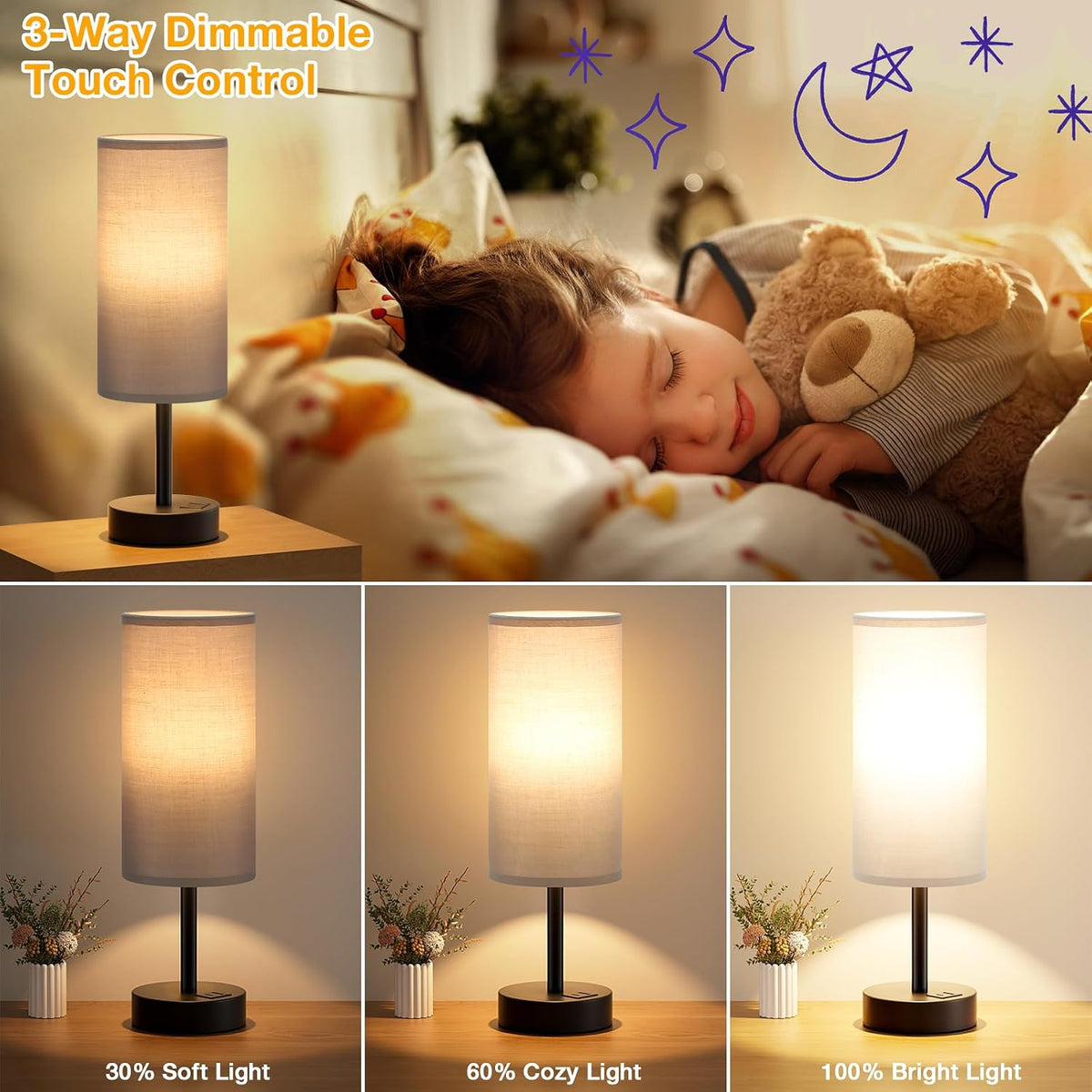 Dicoool Bedside Table Lamp for Bedroom - 3-Way Dimmable Touch Lamp, USB A+C