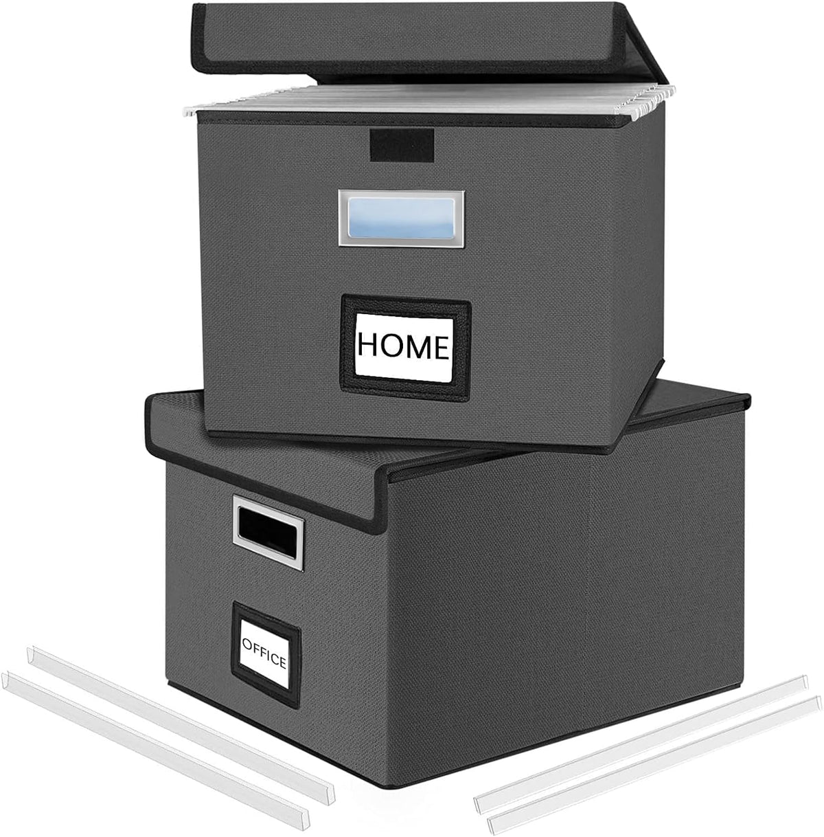 Upgraded Portable File Organizer Box with Lid, Collapsible Linen Hanging Filing Storage Boxes with Plastic Slides, Decorative Home/Office Filing System Box for File and Folders Storage (Gray)