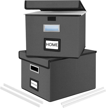 Upgraded Portable File Organizer Box with Lid, Collapsible Linen Hanging Filing Storage Boxes with Plastic Slides, Decorative Home/Office Filing System Box for File and Folders Storage (Gray)